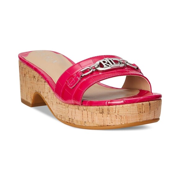 Lauren Ralph Lauren Platform Slide Sandals Roxanne Sz 8 Pink Croc - Picture 1 of 8